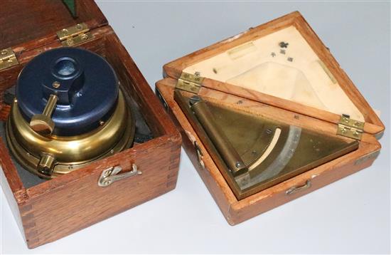 Military issue brass prismatic landing compass and a brass inclinometer, each in fitted case